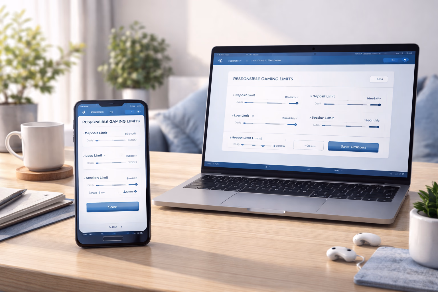 A calm home setting where a player reviews account limits and gaming activity responsibly on a secure device.