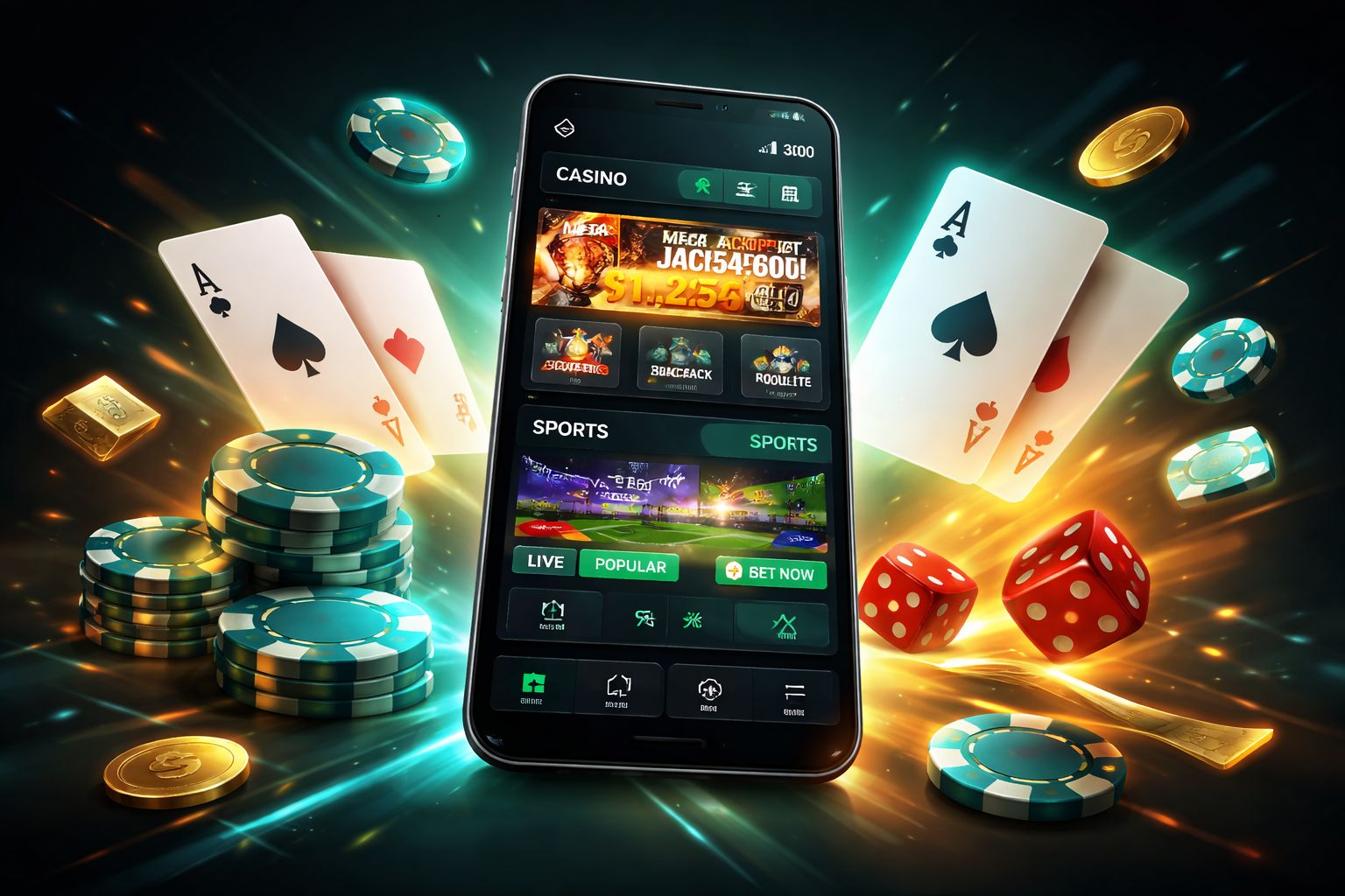 Android device with the Ganamos Win application open beside colorful gaming visuals in a modern digital setting