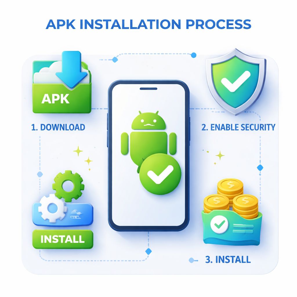 Clean visual guide showing Ganamos Win app installation steps on an Android smartphone