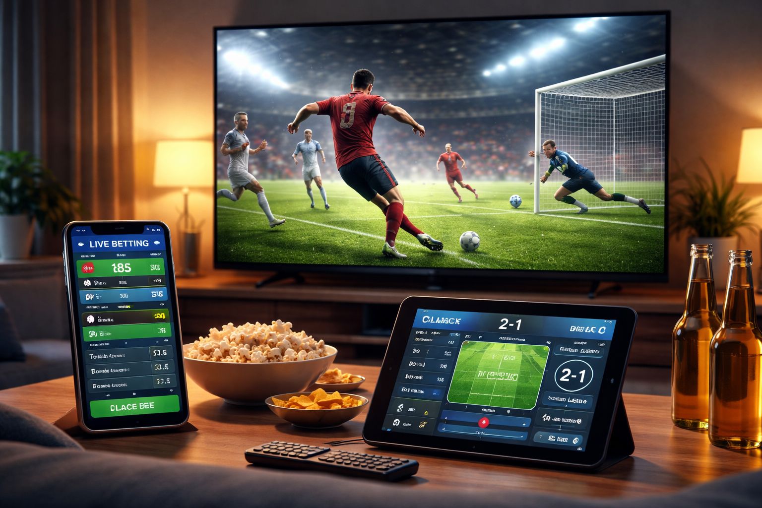 A modern sports betting setup showing a user tracking live odds on a mobile screen during an intense football match.