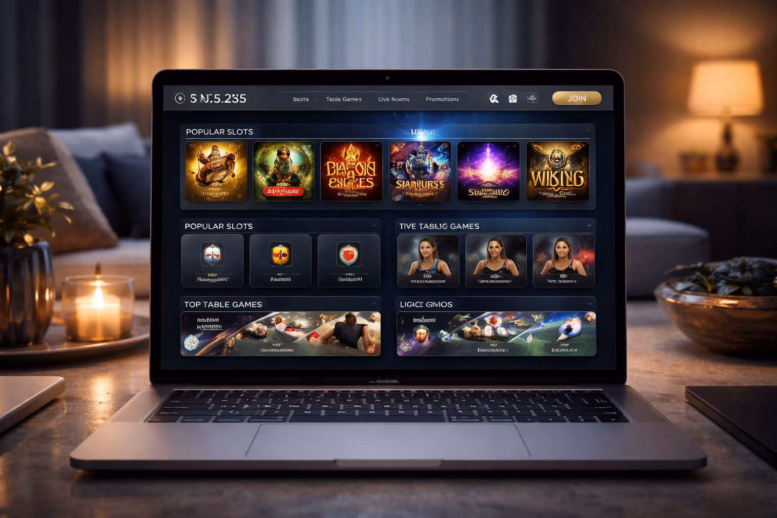 A sleek online casino dashboard on a laptop showing colorful categories, live tables and organized game navigation for Argentine users.