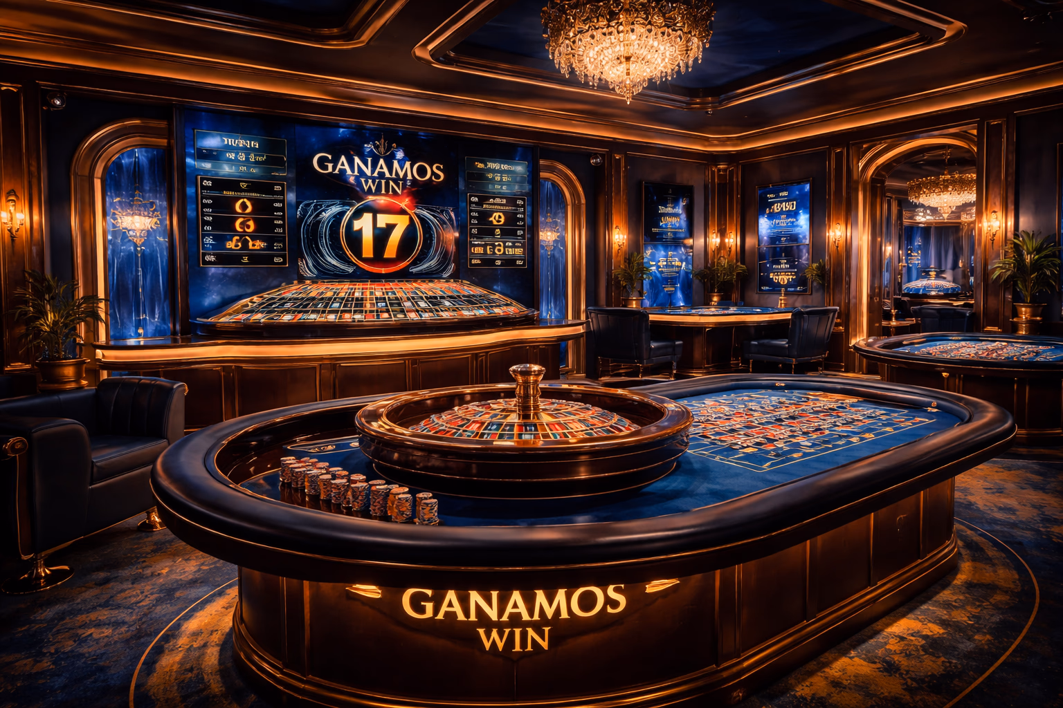 A stylish live casino studio with a roulette table, glowing screens and visible Ganamos Win branding in a premium digital setting.