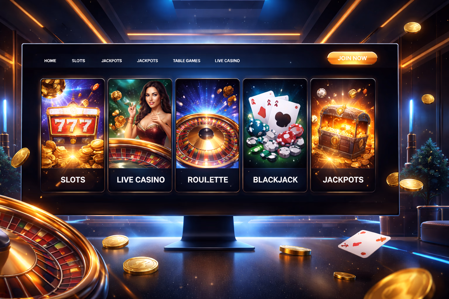Sleek online casino interface from Ganamos Win showing organized game categories and modern navigation