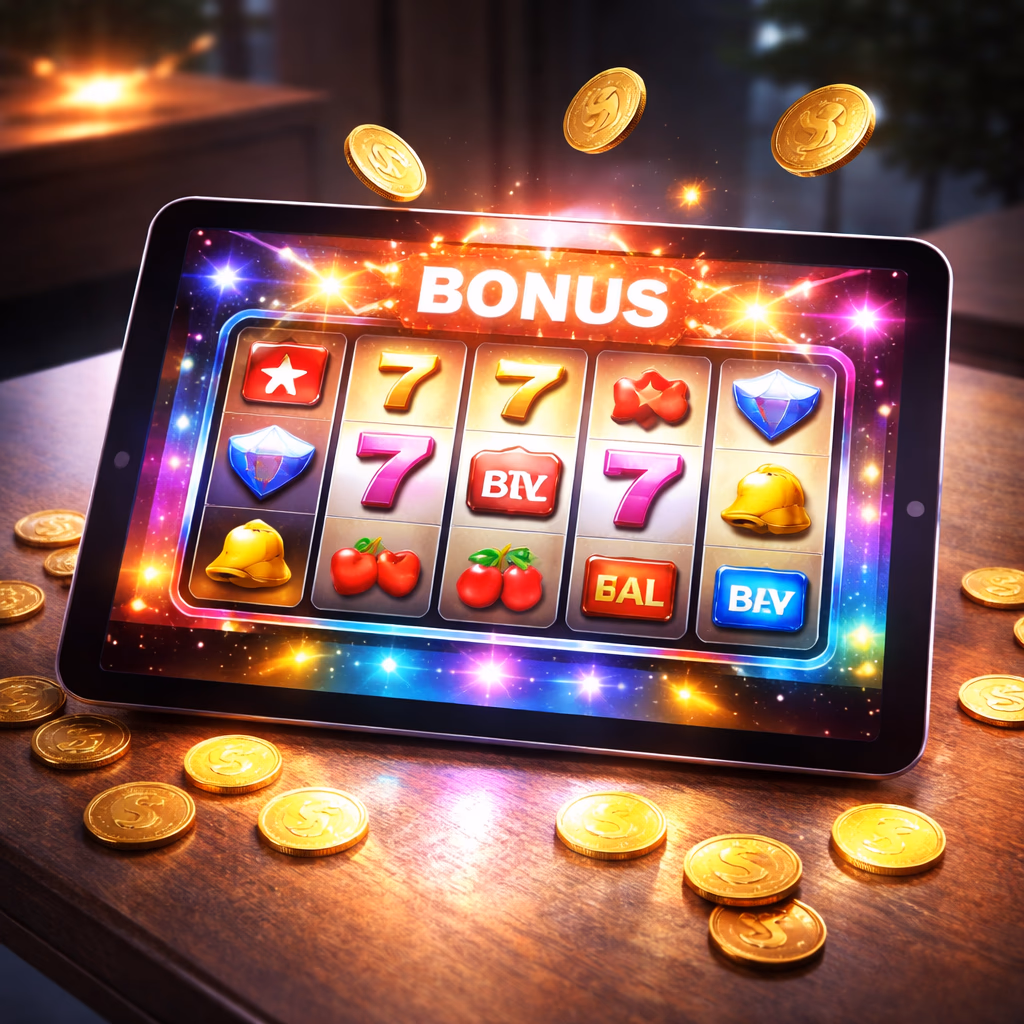A modern mobile gaming scene showing a player enjoying colorful slot reels and bonus effects on a tablet in a sleek digital setting.