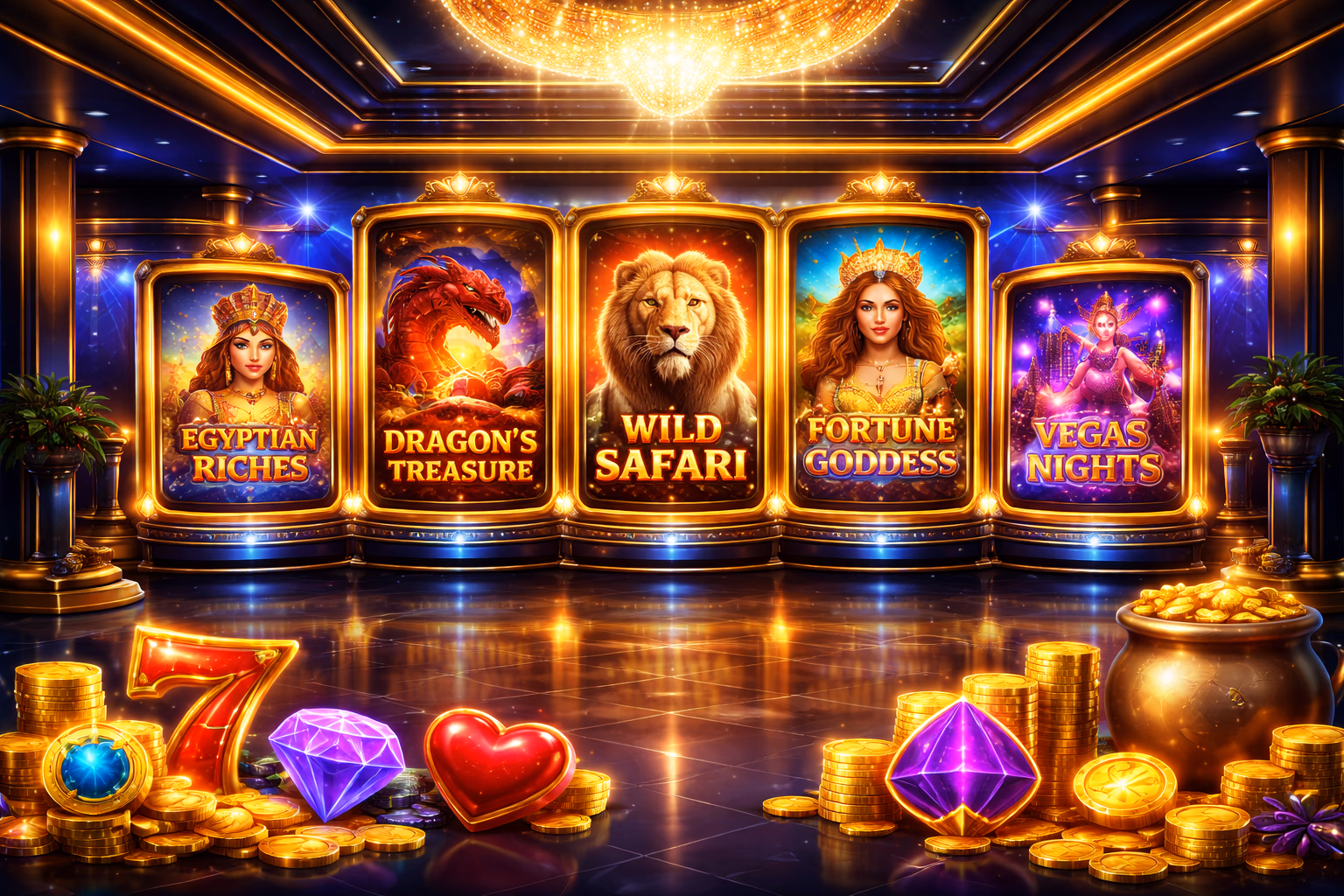 A polished digital casino gallery presenting multiple slot categories with glowing panels, themed reels, and a premium gaming atmosphere.